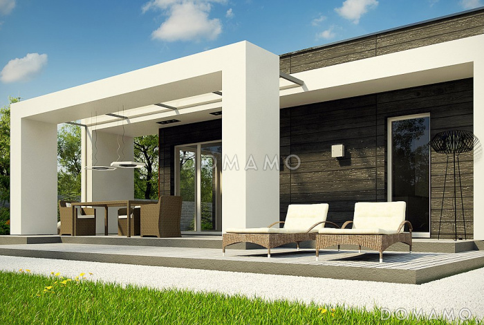 Проект одноэтажного дома из кирпича с плоской крышей, с четырьмя спальнями и крытыми террасами