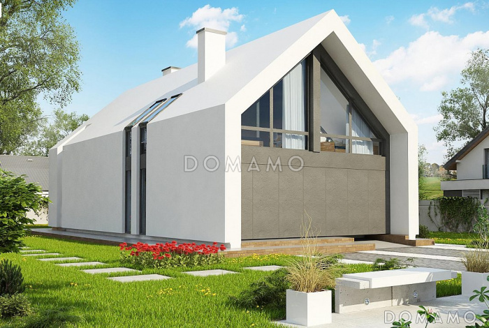 Проект одноэтажного мансардного дома из газобетона с балконом и современными элементами экстерьера и встроенным гаражом