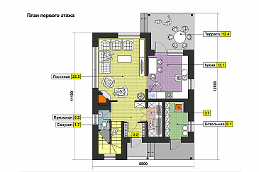 Проект дома с открытой террасой, камином в гостиной, санузлом с окном, вторым светом / План 1 этажа