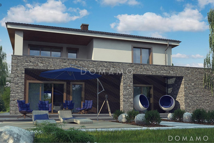 Проект загородного дома с комнатой отдыха, сауной, террасами, кладовой