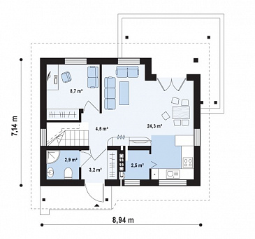 Проект компактного одноэтажного мансардного каркасного дома с кабинетом на первом этаже и тремя спальнями на мансарде / План 1 этажа