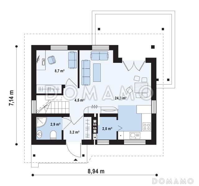Проект компактного одноэтажного мансардного каркасного дома с кабинетом на первом этаже и тремя спальнями на мансарде / План 1 этажа