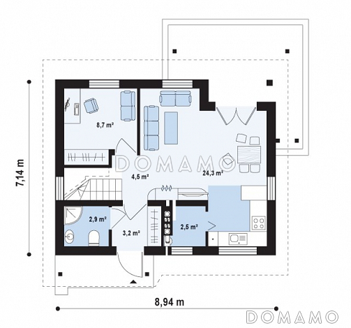 Проект компактного одноэтажного мансардного каркасного дома с кабинетом на первом этаже и тремя спальнями на мансарде / План 1 этажа