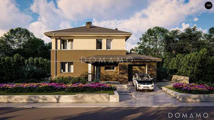 Проект двухэтажного дома с котельной в гараже, кладовой, крытой террасой, спальней на первом этаже