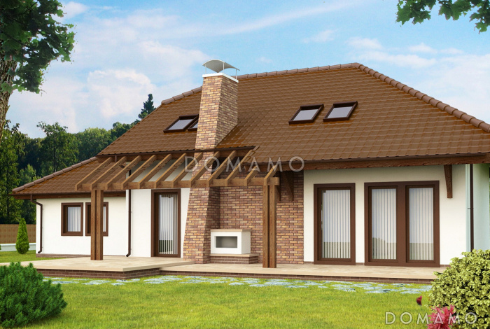 Проект одноэтажного мансардного дома из газобетона с кабинетом, тремя спальнями и гаражом