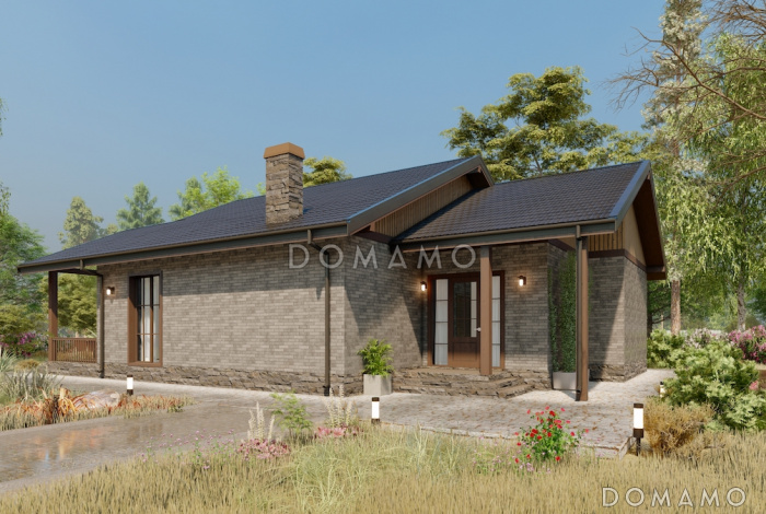 Проект одноэтажного дома из газобетона с крытой террасой в европейском стиле