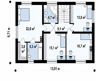 Проект  дома с подвалом, гостевой и кабинетом на первом этаже, хозяйской спальней на втором / План 2 этажа
