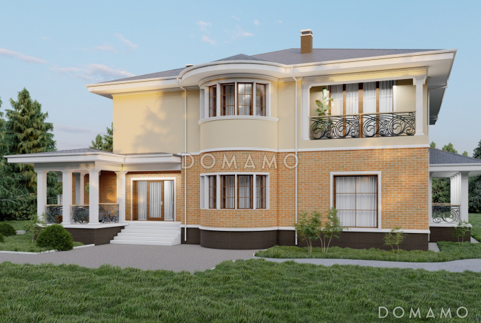 Проект просторного двухэтажного дома с эркером, двумя террасами и гаражом на 2 места