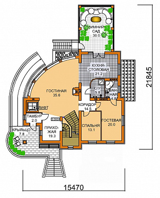 Проект четырехэтажного дома с необычной формой в плане, двусветной гостиной и бассейном / План 1 этажа