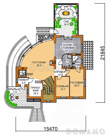 Проект четырехэтажного дома с необычной формой в плане, двусветной гостиной и бассейном / План 1 этажа