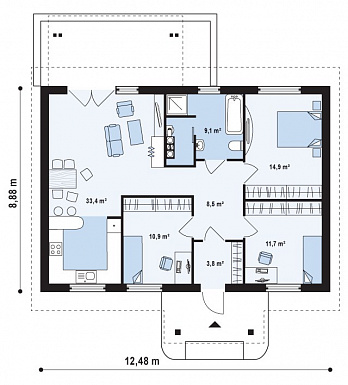 Проект одноэтажного дома из газобетона с тремя спальнями и террасой / План 1 этажа