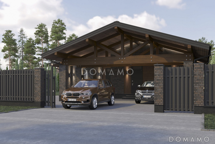 Проект одноэтажного кирпичного дома с 3 спальнями, кладовой при кухне, навесом для двух автомобилей и угловой террасой с печью-барбекю