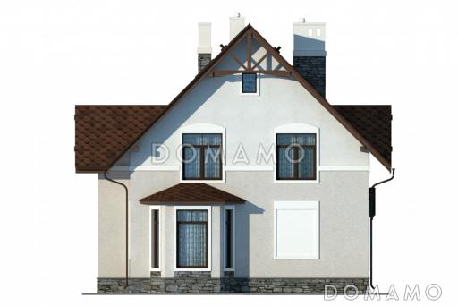 Проект теплого дачного дома с остекленной верандой и декоративными балками под коньком крыши / Фасад 2