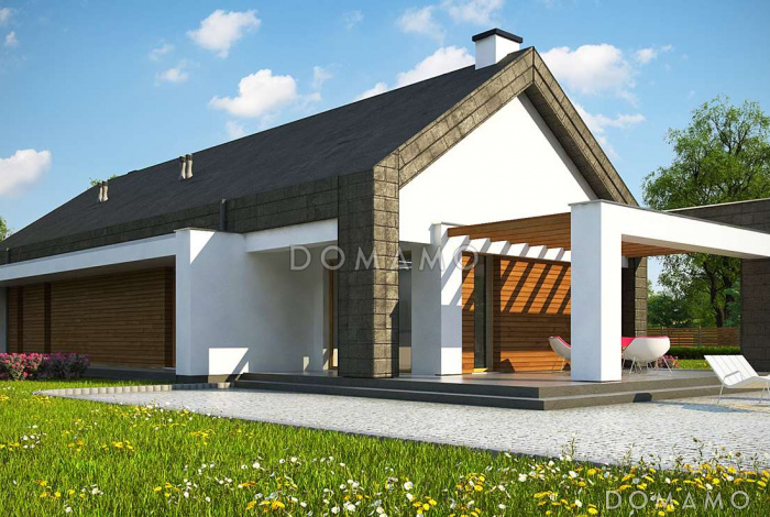 Проект современного одноэтажного дома из газобетона с тремя спальнями и пристроенным гаражом на два автомобиля