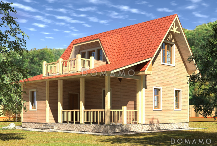 Проект недорогого дачного дома с балконом и двумя спальнями