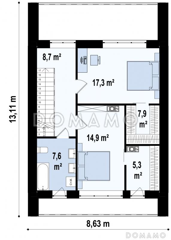 Проект современного двухэтажного дома из кирпича с кабинетом для узкого участка / План 2 этажа