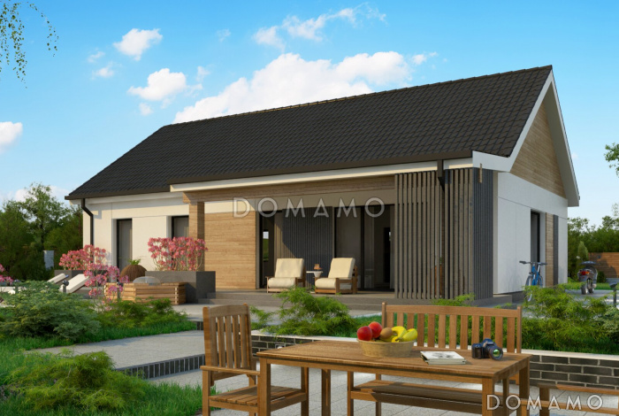 Проект одноэтажного загородного дома с удобной планировкой, мастер-спальней, ванной с окном, террасой