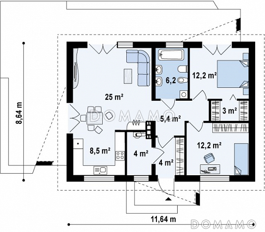 Проект компактного одноэтажного дома из кирпича с оригинальной открытой террасой по периметру / План 1 этажа
