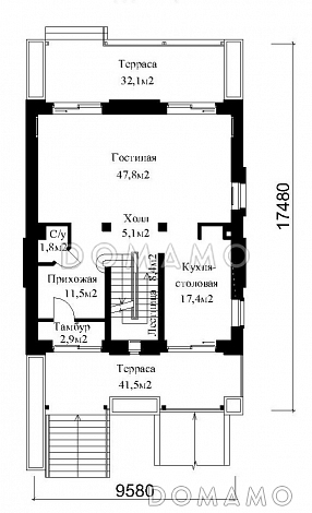Проект жилого дома для сблокированного строительства на площадке с рельефом / План 1 этажа