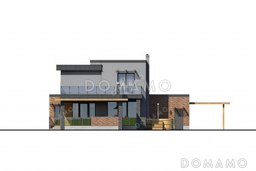 Проект двухэтажного дома с открытой террасой и гаражом на два автомобиля / Фасад 4