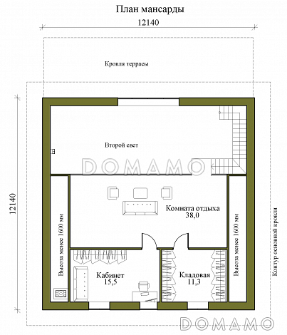 Проект одноэтажного газобетонного дома с мансардой, вторым светом и крытой террасой / План мансардного этажа