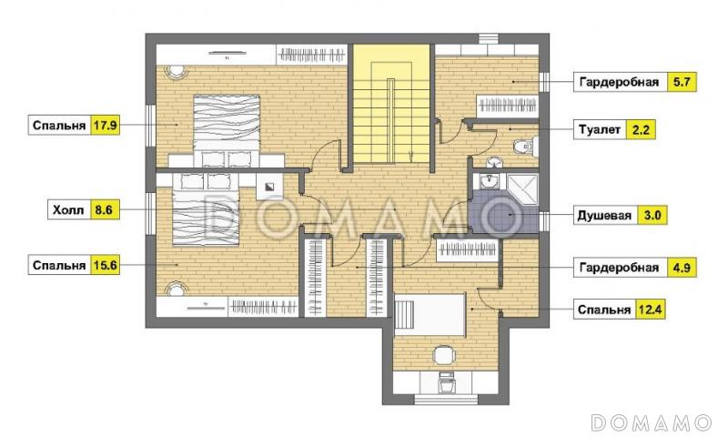 Проект дома из кирпича с угловой террасой и просторным балконом на мансардном этаже / План мансардного этажа