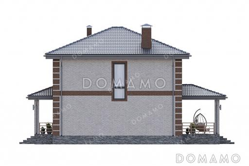 Проект квадратного двухэтажного дома с классической отделкой фасадов облицовочным кирпичом, совмещенной кухней-гостиной на первом этаже и спальной зоной на втором / Фасад 1