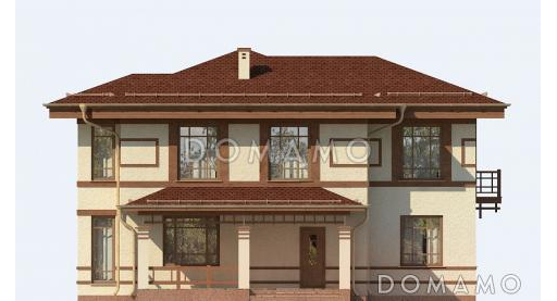 Проект двухэтажного дома из пеноблоков в бежево-коричневом цвете с верандой / Фасад 1