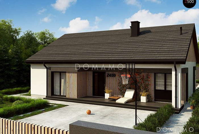 Проект одноэтажного дома с мастер-спальней, просторной гостиной с камином, террасой