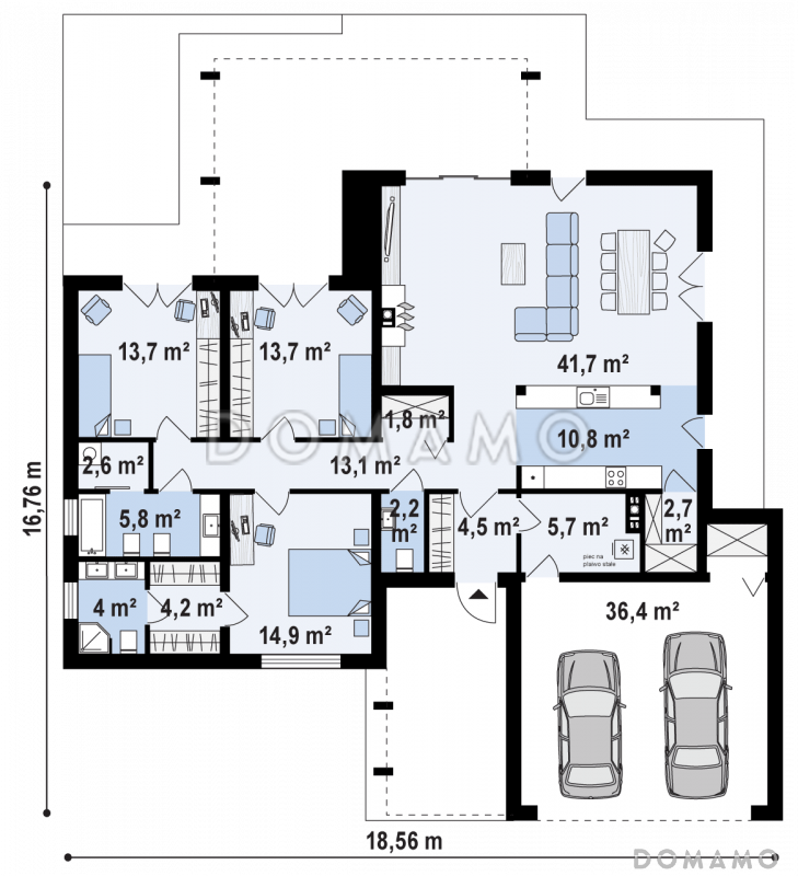 Проект просторного современного одноэтажного дома из газобетона с плоской крышей с тремя спальнями, крытой террасой и гаражом / План 1 этажа