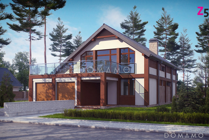 Проект двухэтажного дома из кирпича в стиле шале со вторым светом, четырьмя комнатами и гаражом