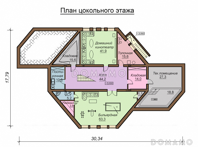 Проект двухэтажного дома с цокольным этажом, гаражом и бассейном / План цокольного этажа