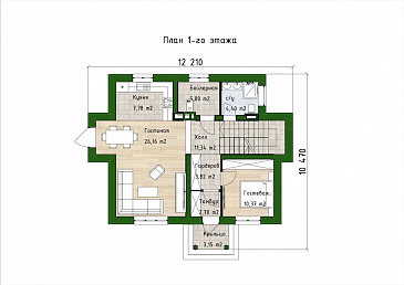 Проект двухэтажного дома с 3 спальнями, гостевой комнатой и просторной гостиной / План 1 этажа