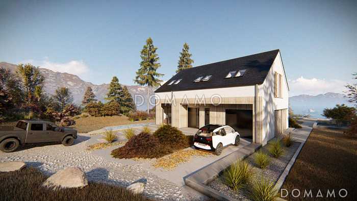 Проект мансардного дома с гаражом, панорамным остеклением, просторной кухонной зоной, прачечной