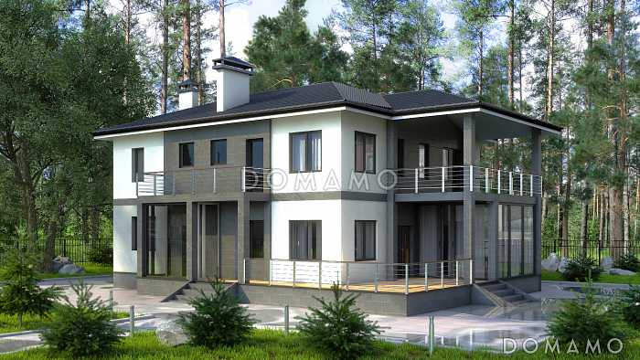 Проект дома для семьи от четырех человек с террасами, просторной кухней-столовой, хозяйской спальней на втором этаже