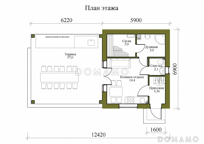 Проект одноэтажной бани в стиле хай-тек с мангальным комплексом / План 1 этажа