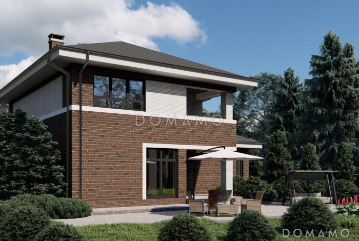 Проект двухэтажного дома с большим санузлом на первом этаже, кабинетом, гаражом на один автомобиль