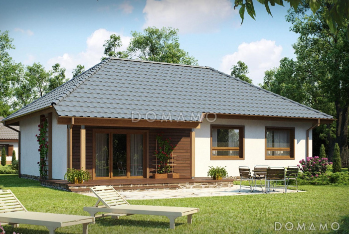 Проект одноэтажного дома адаптированного для каркасного строительства с тремя спальнями и крытой террасой