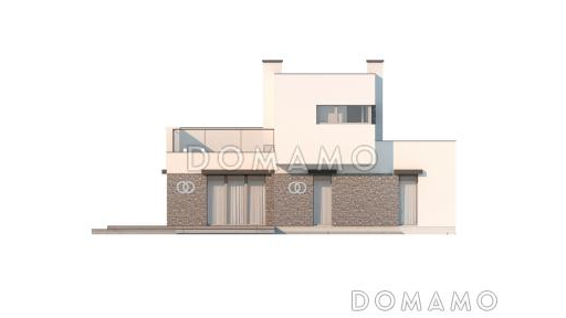 Проект компактного современного двухэтажного дома из газобетона в стиле модерн, с террасой на втором уровне и с гаражом / Фасад 3