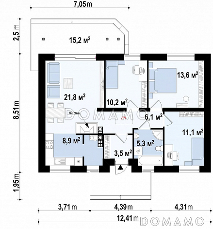 Проект компактного одноэтажного дома из кирпича с тремя спальнями и небольшой крытой террасой / План 1 этажа