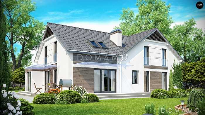 Проект красивого одноэтажного дома с мансардным этажом из кирпича со стеклянным угловым эркером и гаражом на два автомобиля 