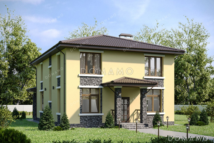 Проект двухэтажного дома с 4 спальнями, кабинетом, просторной кухней-гостиной и длинной крытой террасой