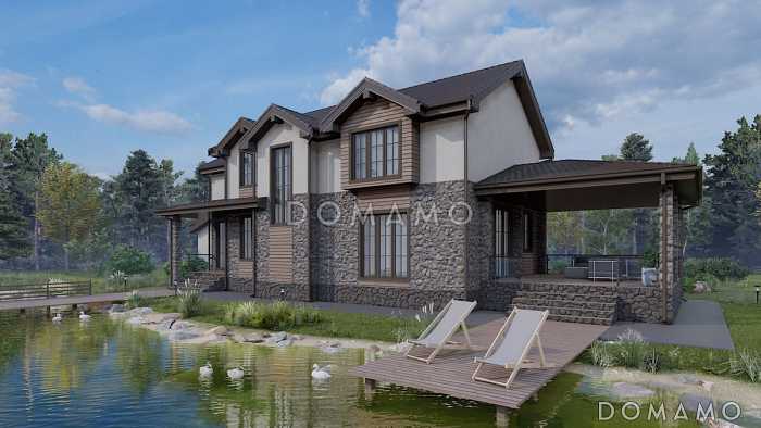 Проект коттеджа с мансардой, двусветной гостиной, сауной и верандой