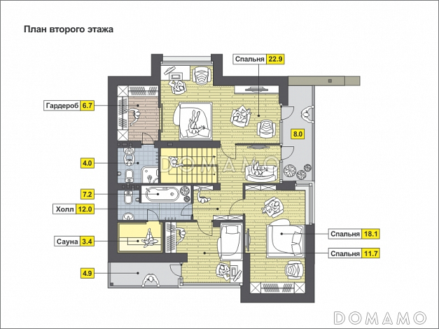 Проект загородного дома из SIP панелей с косой крышей, открытой террасой, двумя балконами, панорамными окнами / План мансардного этажа