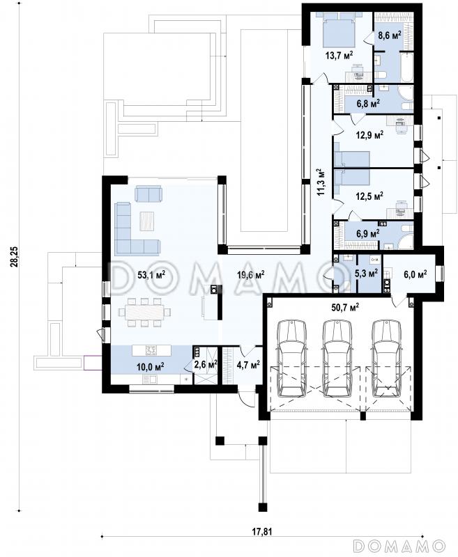 Проект просторного современного одноэтажного дома из газобетона с плоской крышей, с тремя спальнями, террасой и гаражом для трёх автомобилей / План 1 этажа