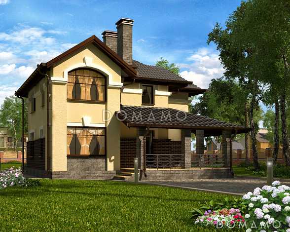 Проект дома с большой крытой террасой, просторной прихожей, ванной с окном на втором этаже