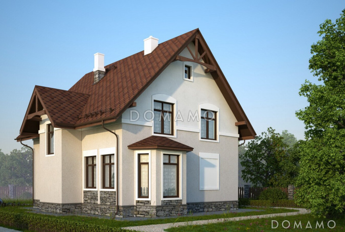 Проект теплого дачного дома с остекленной верандой и декоративными балками под коньком крыши