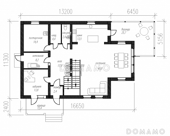 Проект двухэтажного особняка с пятью спальнями и вторым светом / План 1 этажа