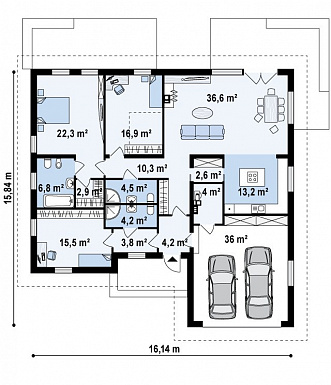 Проект одноэтажного дома из газобетона с кабинетом, двумя спальнями оснащёнными санузлами и гаражом на два автомобиля / План 1 этажа
