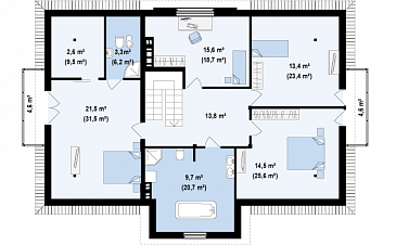 Проект комфортного одноэтажного мансардного дома из кирпича для двух семей в стиле русской усадьбы / План мансардного этажа
